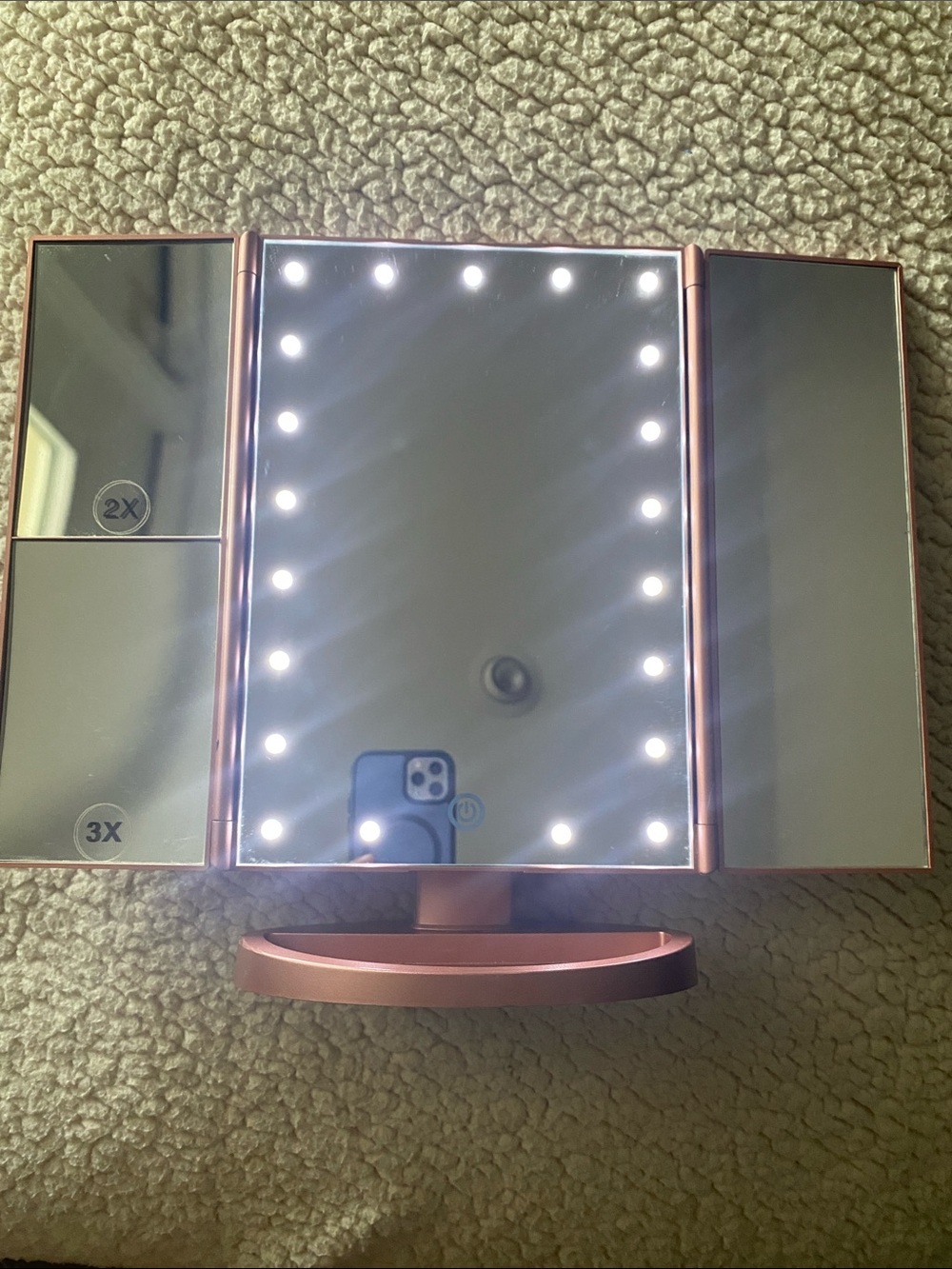 LED Tri-Fold Makeup Mirror with Magnification - Rose Gold